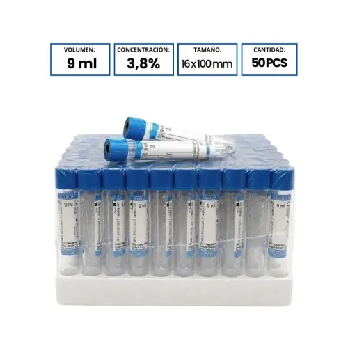Tubo de citrato sódico 9 ml 3,8% 16x100 mm caja 50 uds