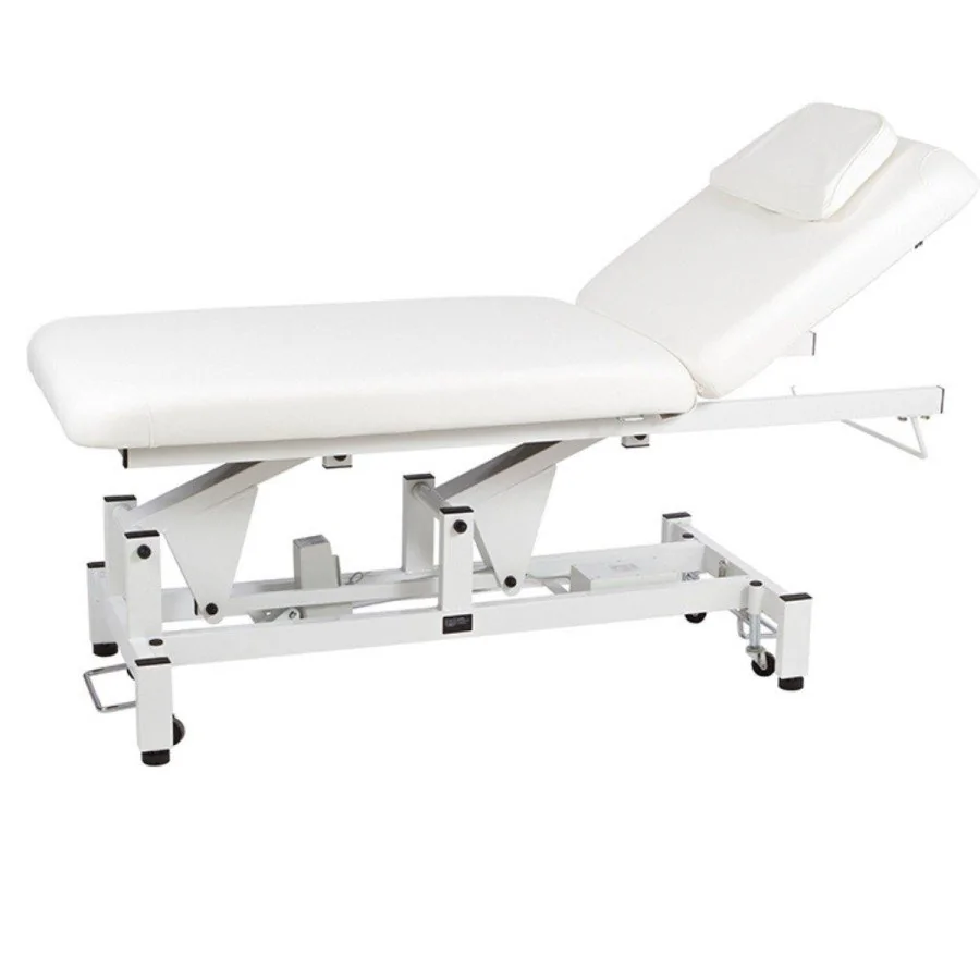 Camilla eléctrica de fisioterapia de dos cuerpos con tapizado blanco, reposacabezas con agujero facial y ruedas retráctiles