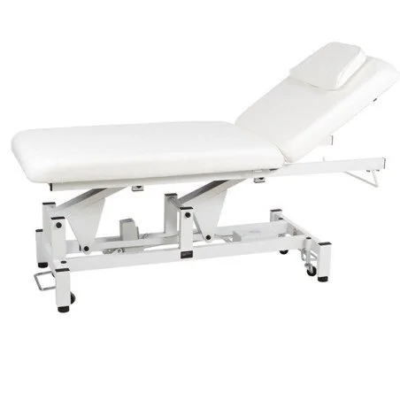 Camilla eléctrica de fisioterapia de dos cuerpos con tapizado blanco, reposacabezas con agujero facial y ruedas retráctiles