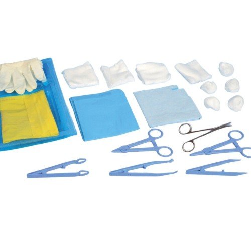 Set de suturas estéril con porta agujas, fórceps y pinzas Kelly.